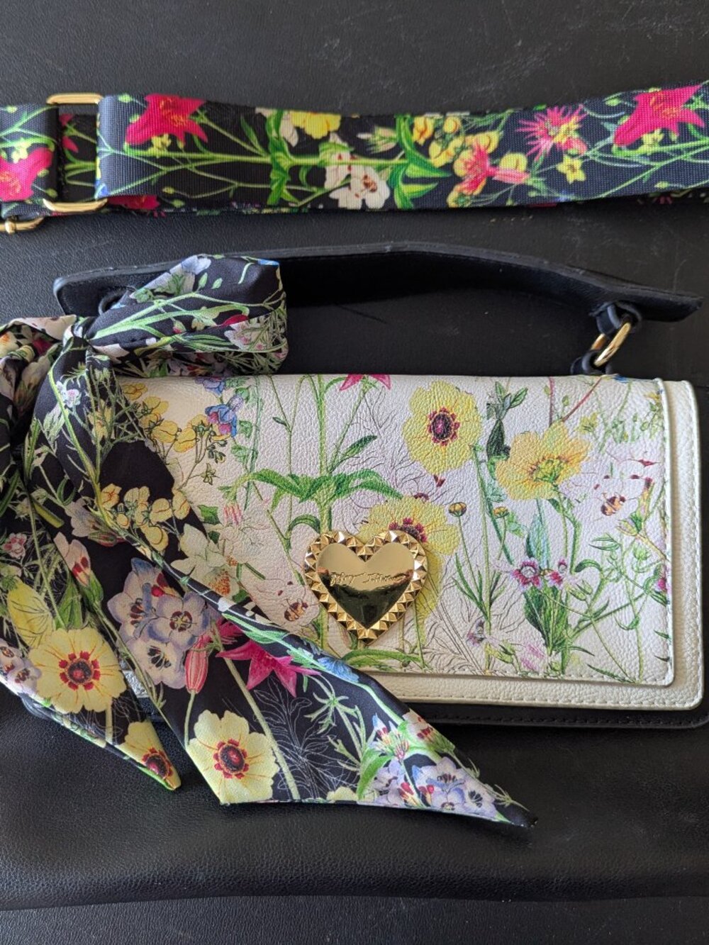 Betsey Johnson Black Floral Crossbody Bag Scarf Strap